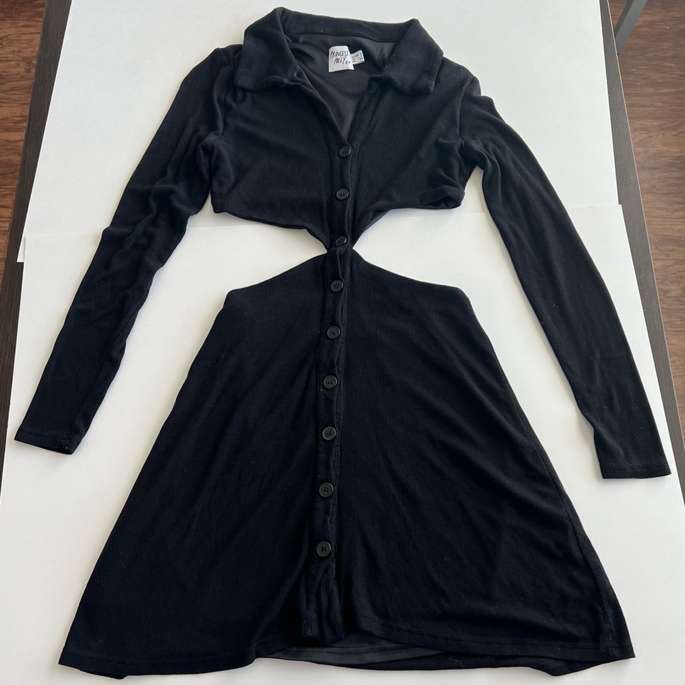 Princess Polly CoCo Black Collared Button Down Side Cutout Long Sleeve Dress 🖤